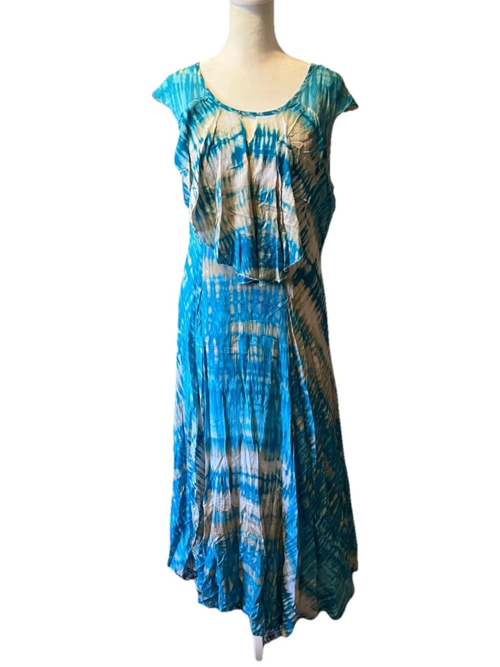 Reba Blue Tie-Dye Cap Sleeve Beaded Tiered Maxi Dress Boho Summer Women’s L